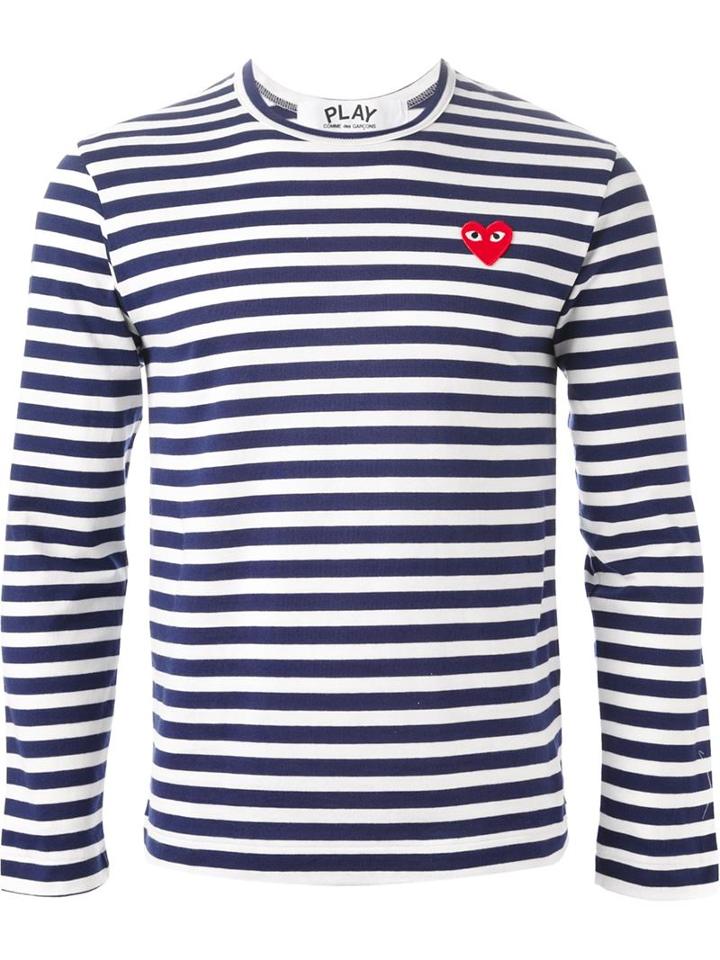 Comme Des Garçons Play Embroidered Heart Striped T-shirt, Men's, Size: Xl, Blue, Cotton