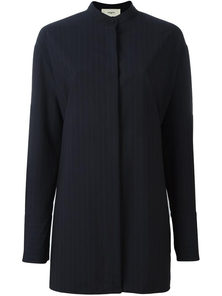 Ports 1961 Long Asymmetric Pinstripe Shirt, Women's, Size: 40, Blue, Polyester/wool