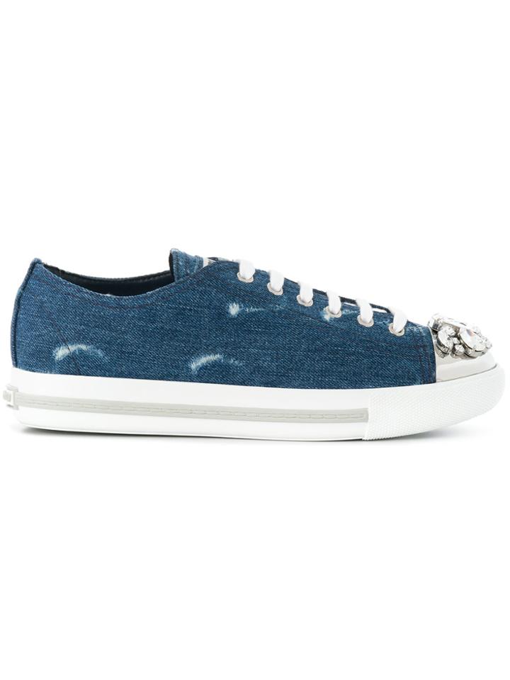 Miu Miu Crystal-embellished Denim Sneakers - Blue