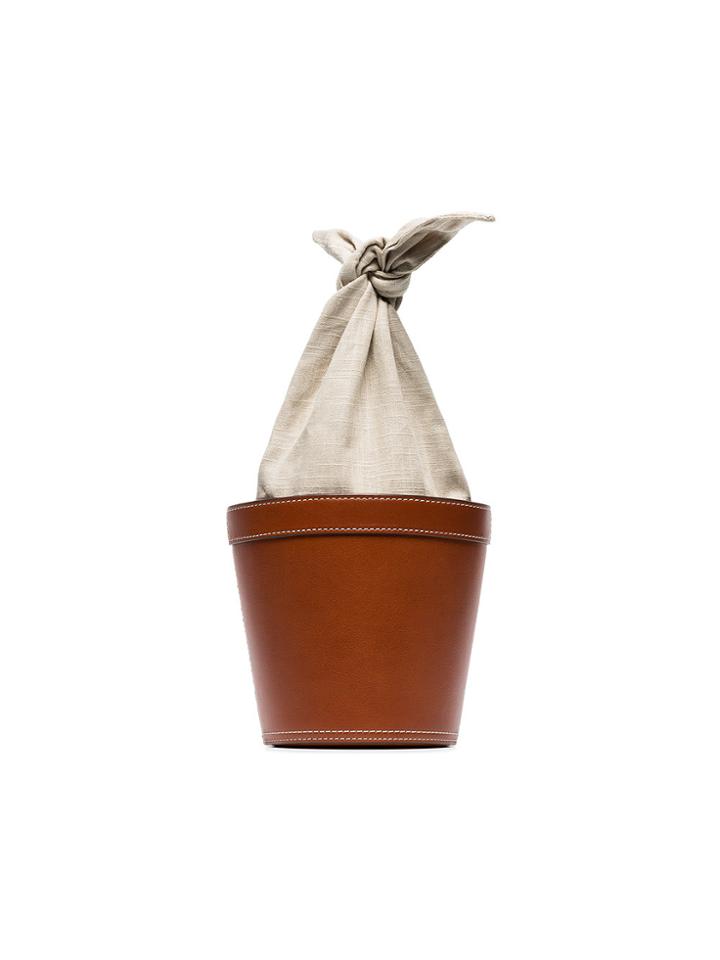 Staud Brown Britt Leather Linen Bucket Bag