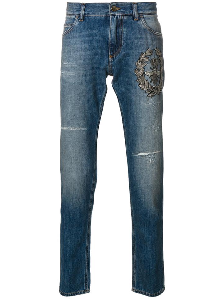 Dolce & Gabbana Crown & Bee Embroidered Jeans - Blue