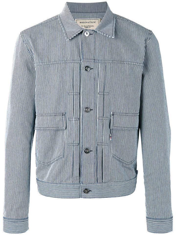 Maison Kitsuné Logo Embroidered Striped Jacket, Men's, Size: Small, Blue, Cotton