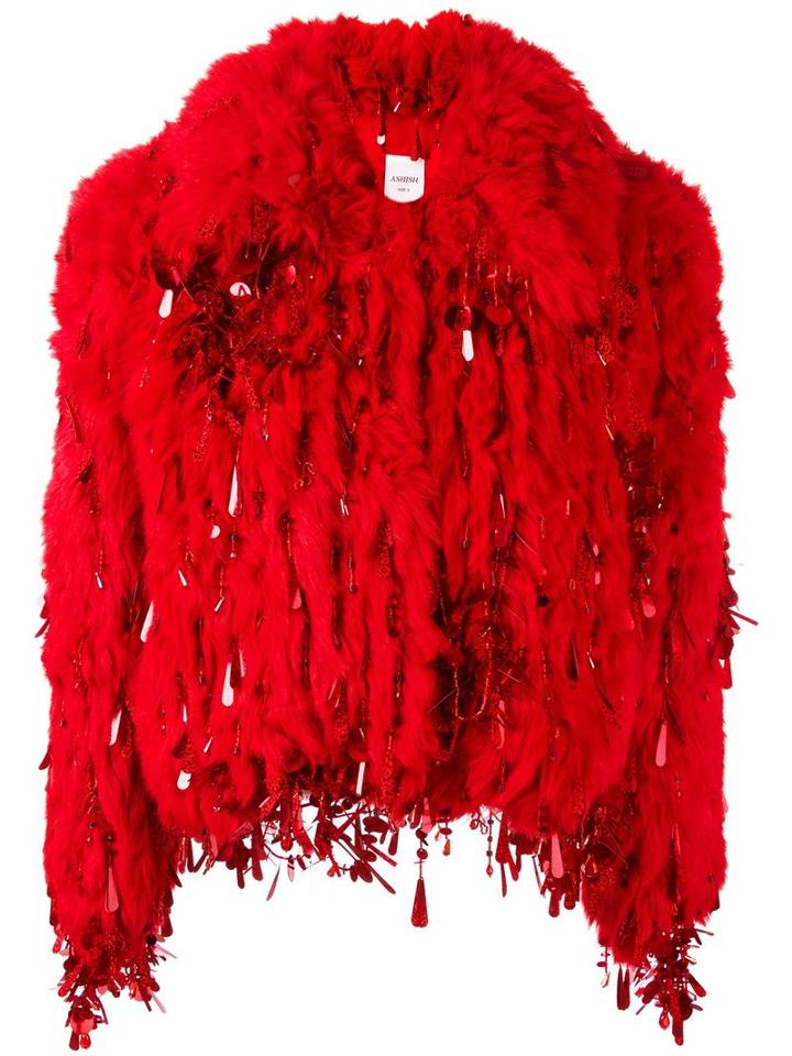 Ashish Short Fur Jacket, Women's, Size: Medium, Red, Acrylic/polyester/silk
