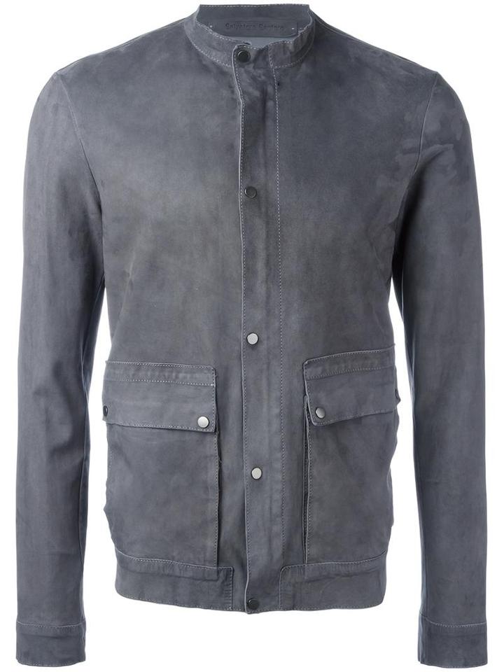 Salvatore Santoro Buttoned Leather Jacket, Men's, Size: 48, Grey, Leather/cotton