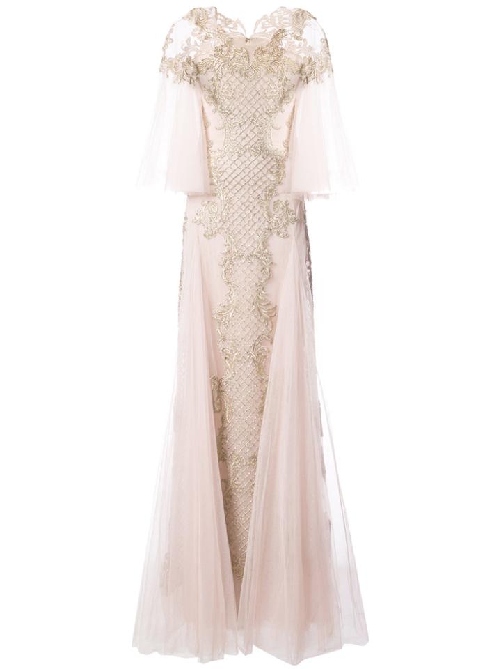 Marchesa Embellished Puff Sleeve Dress - Pink & Purple