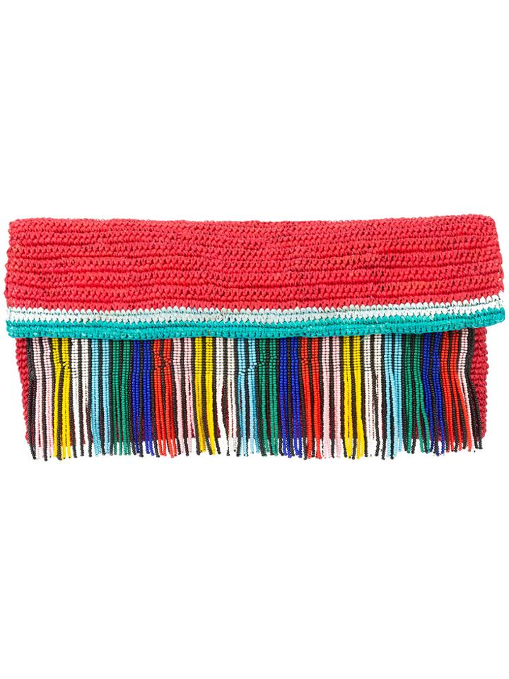 Sensi Studio Woven Clutch With Beaded Fringing - Red