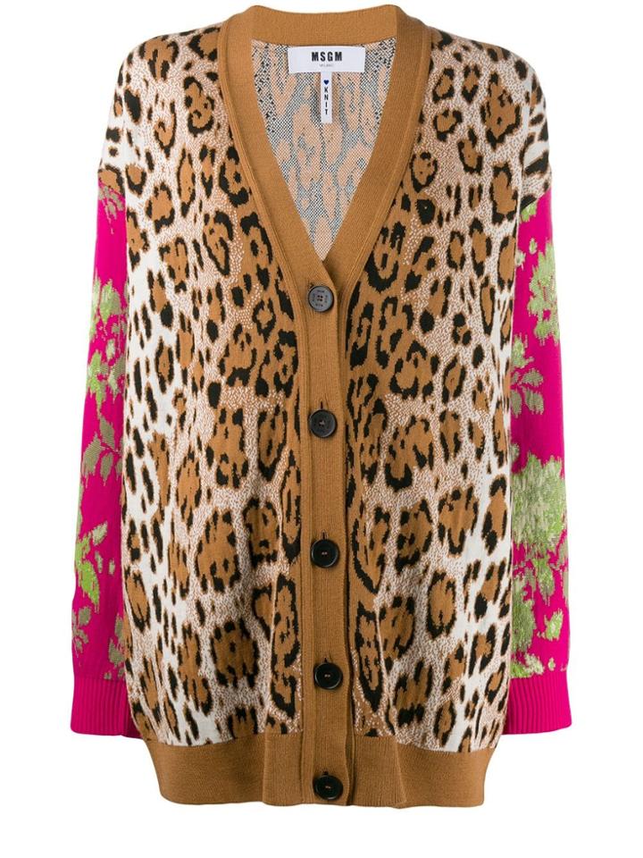 Msgm Leopard Floral Intarsia Cardigan - Brown