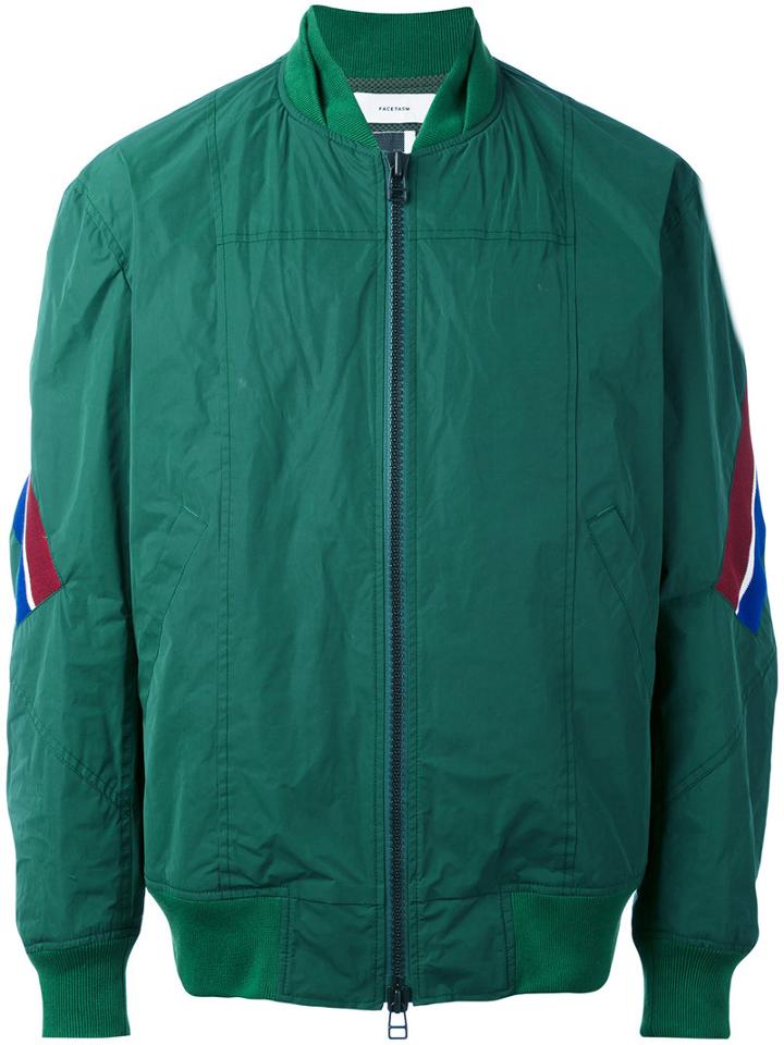 Facetasm - Stripe Detail Bomber - Men - Cotton/polyester - One Size, Green, Cotton/polyester