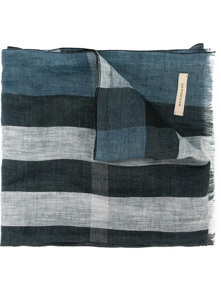 Burberry Checked Scarf, Men's, Blue, Linen/flax