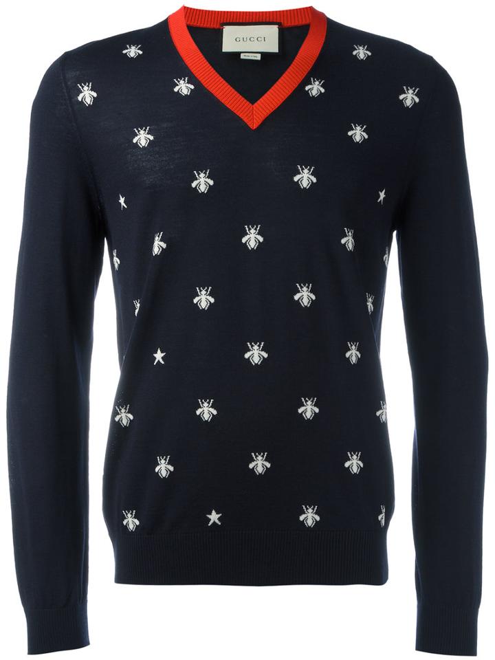 Gucci Bee Intarsia V-neck Jumper, Men's, Size: Xl, Blue, Wool