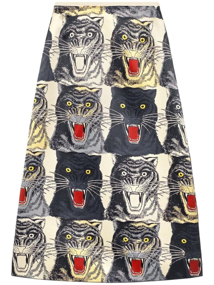 Gucci Tiger Face Print Silk A-line Skirt - Neutrals