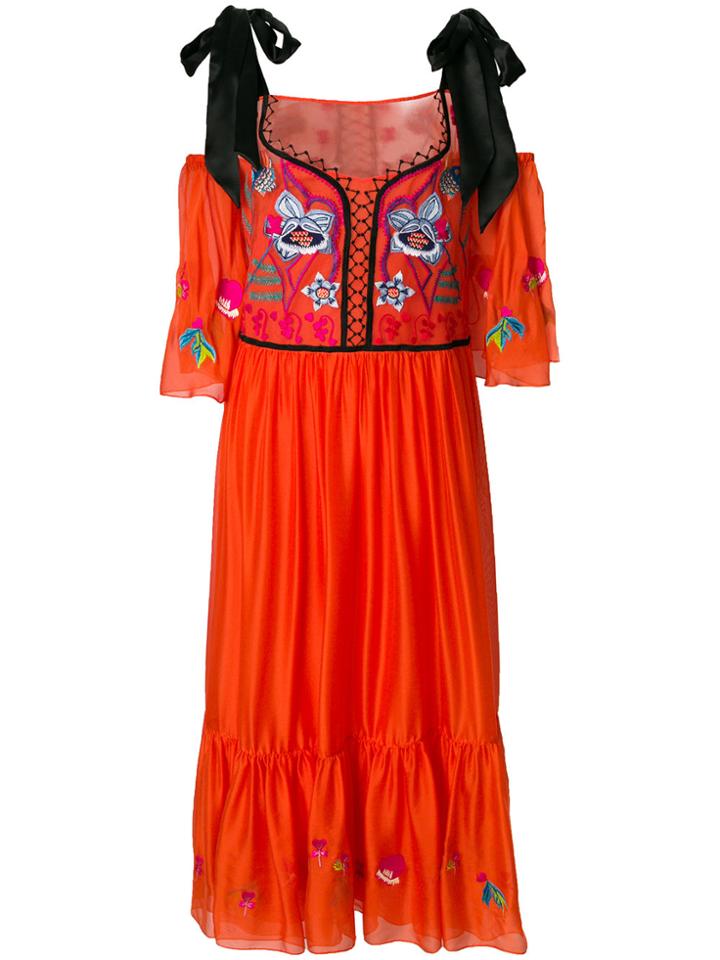 Temperley London Cold Shoulder Embroidered Dress - Yellow & Orange