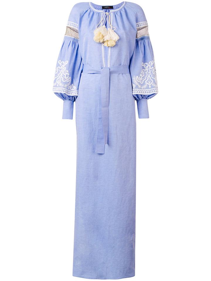 Wandering - Embroidered Bell Sleeve Kaftan - Women - Cotton/linen/flax - 40, Blue, Cotton/linen/flax