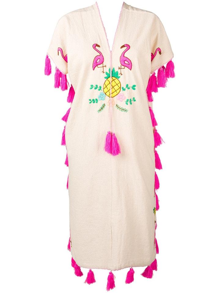 Dolci Follie Flamingo Embroidered Kaftan - Neutrals
