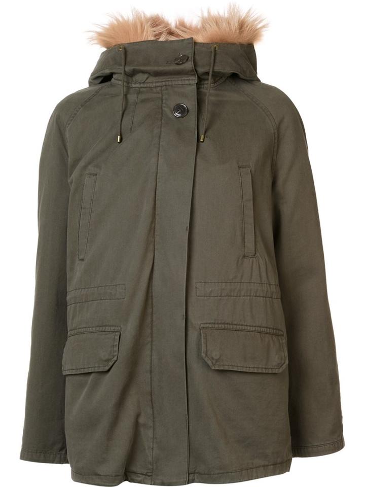 Army Yves Salomon Short High Neck Parka Coat, Women's, Size: 38, Green, Cotton/fox Fur