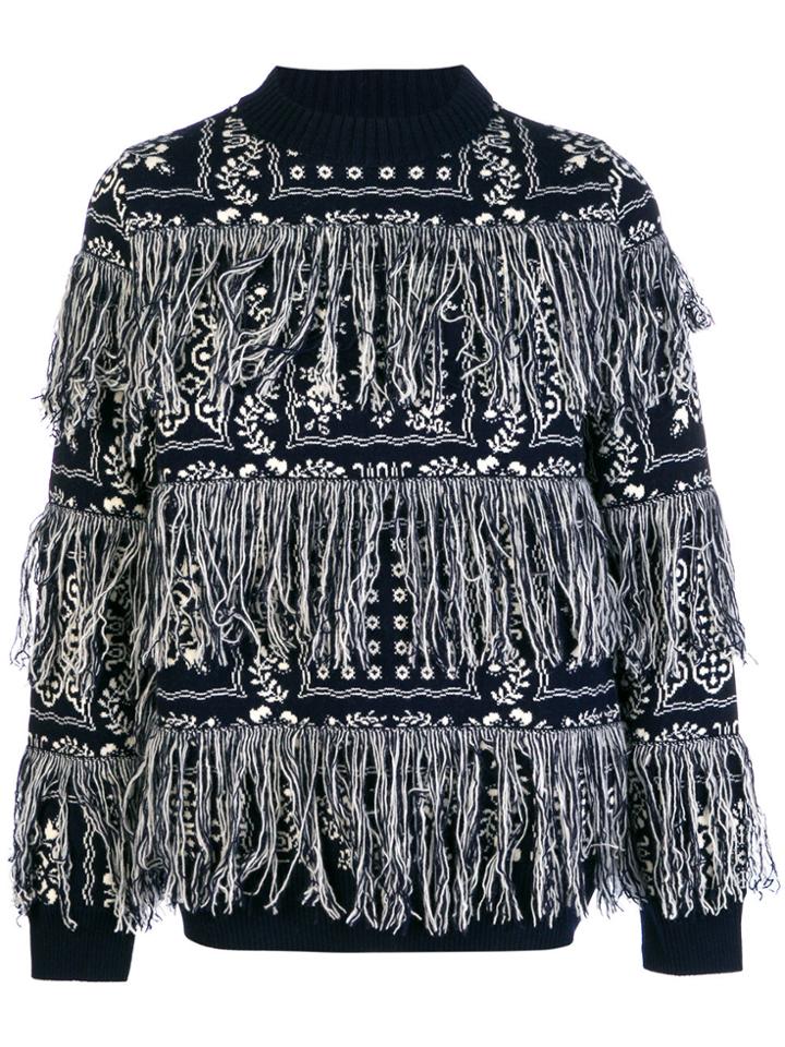 Sacai Fringed Bandana-print Jumper - Blue