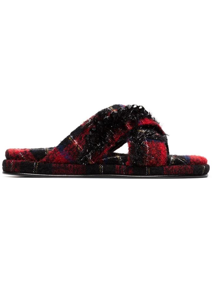 Simone Rocha Red And Black Bead Embellished Tartan Wool Slides