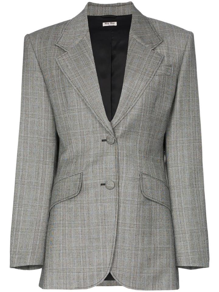 Miu Miu Single-breasted Prince Of Wales Check Print Wool Blazer - Grey