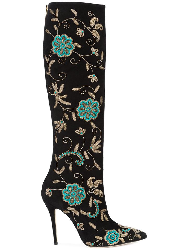 Oscar De La Renta Epresi Floral Embroidered Knee Boots - Black