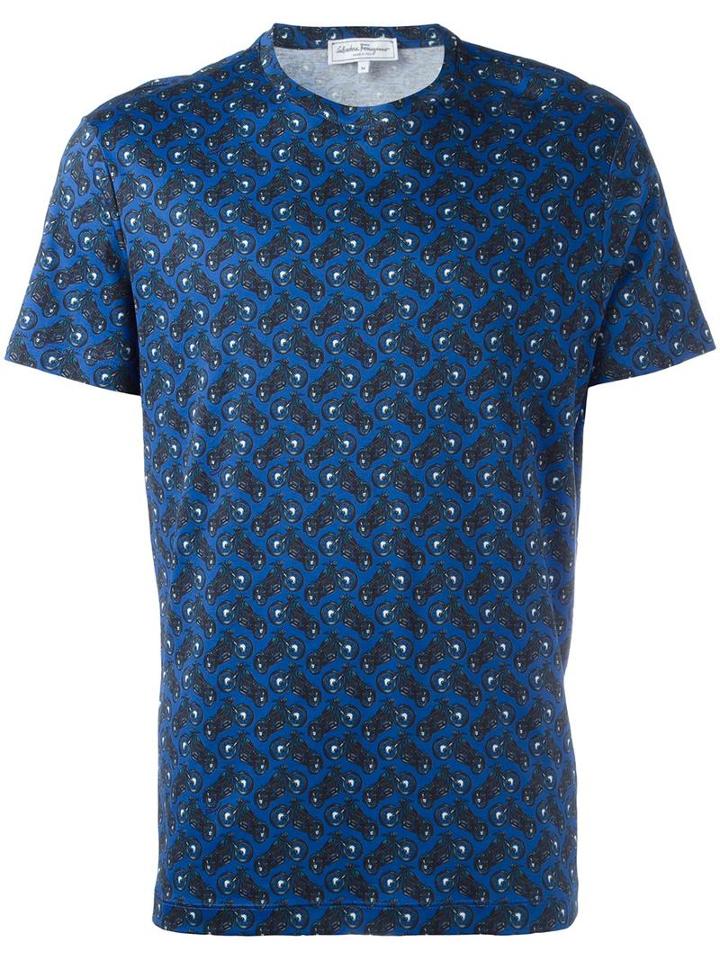 Bike Print T-shirt, Men's, Size: Xl, Blue, Cotton, Salvatore Ferragamo