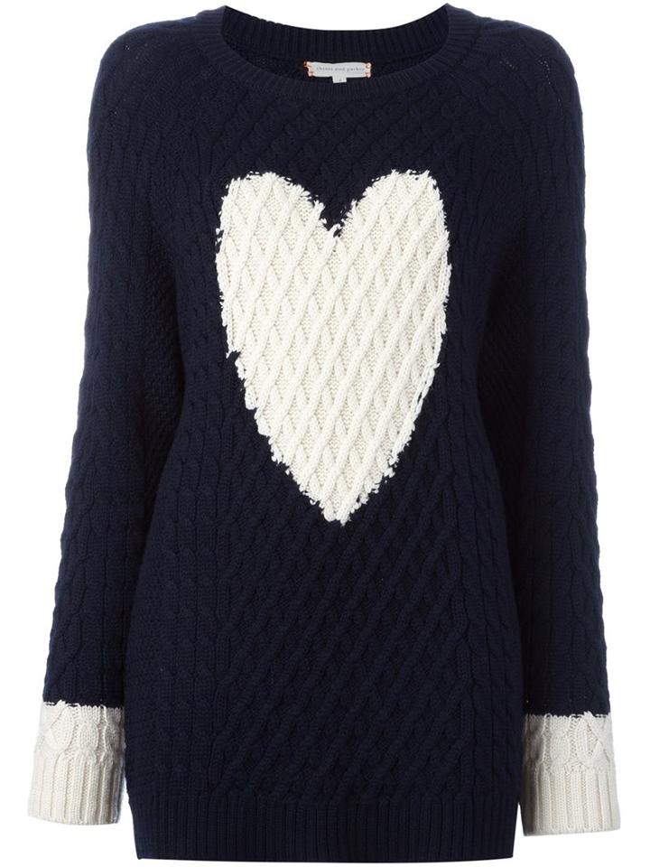 Chinti And Parker Heart Detail Aran Sweater, Women's, Size: Medium, Blue, Merino