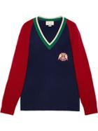 Gucci V-neck Wool Sweater With Lyre - Blue