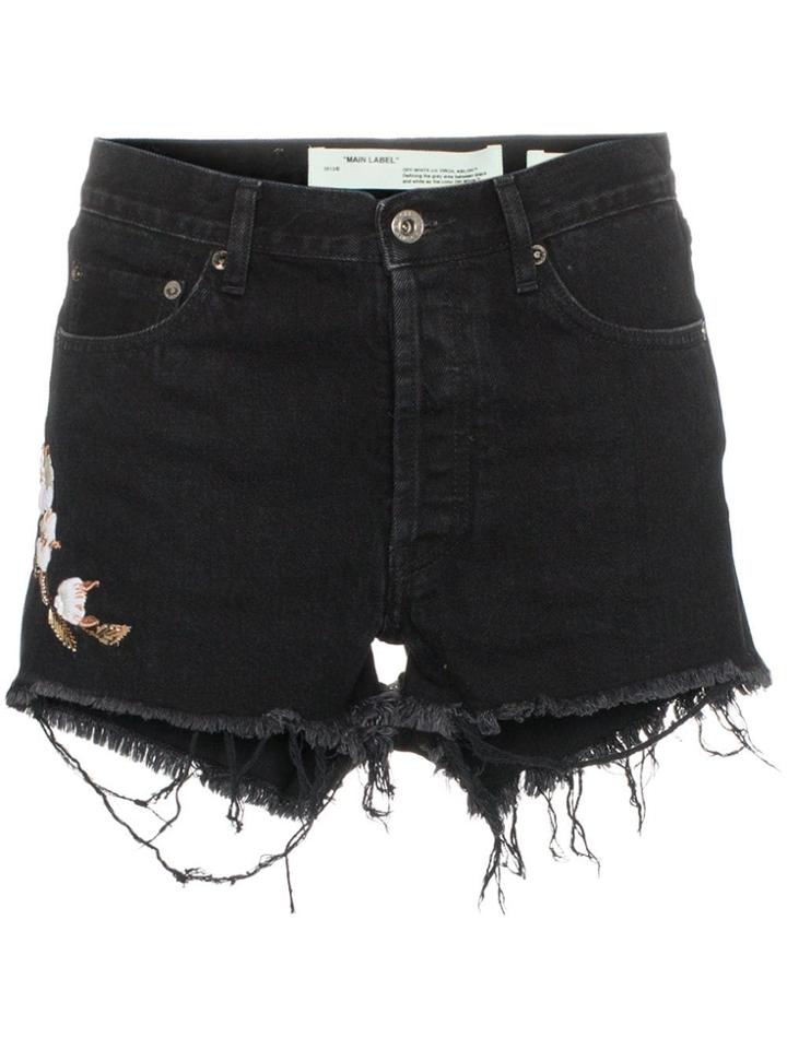 Off-white Logo-pocket Floral-embroidered Denim Shorts - Black