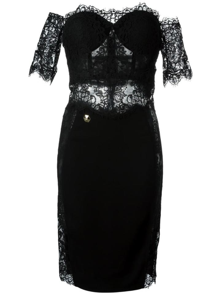 Philipp Plein Off-shoulder Lace Dress, Women's, Size: Large, Black, Viscose/spandex/elastane/polyamide/spandex/elastane
