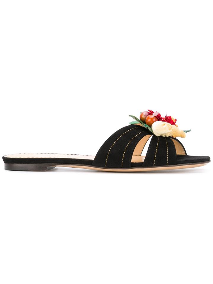 Charlotte Olympia Flower Embellished Flat Sandals - Black