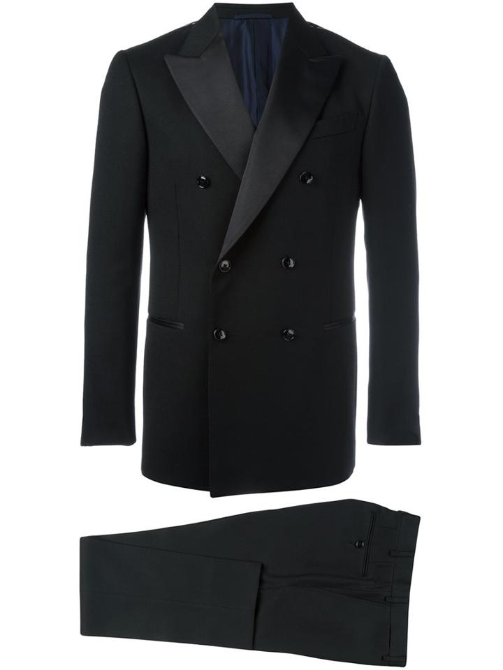 Mp Massimo Piombo Double Breasted Tuxedo Suit, Men's, Size: 50, Black, Wool/cupro