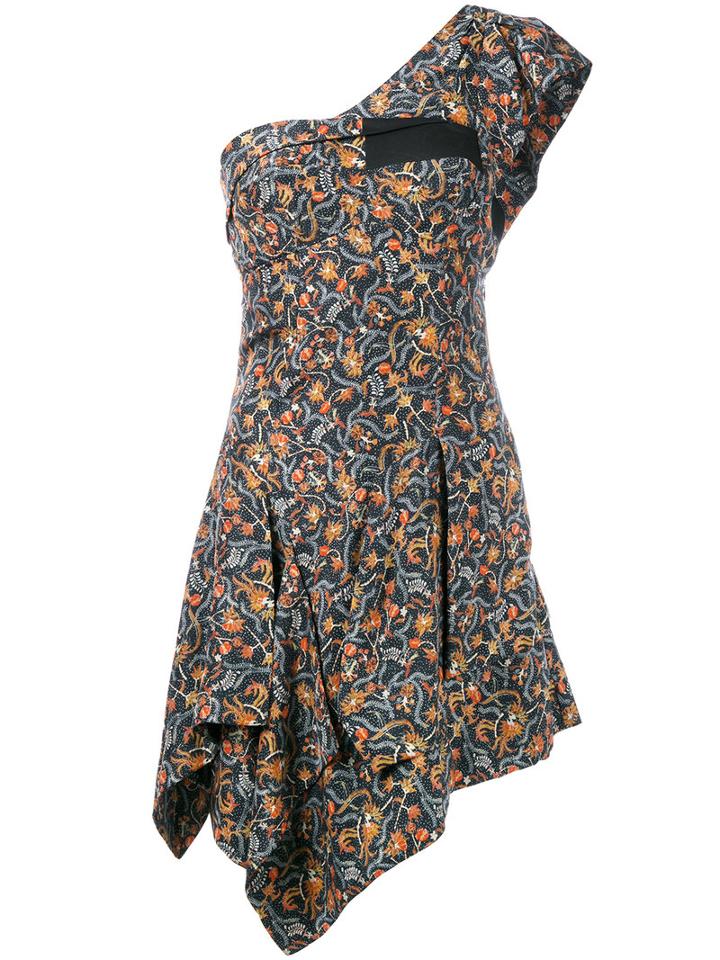 Isabel Marant One Shoulder Foliage Print Dress, Women's, Size: 38, Black, Silk/cotton