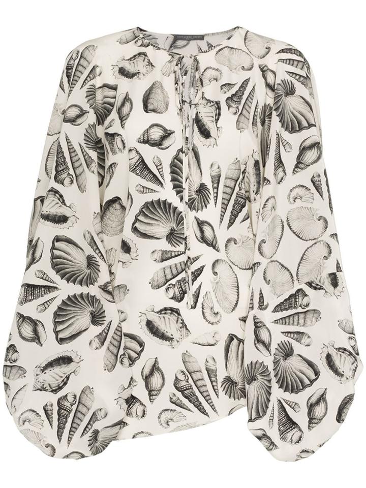 Alexander Mcqueen Tie Neck Shell Print Silk Blouse - White