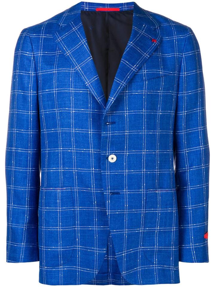 Isaia Check Buttoned Blazer - Blue