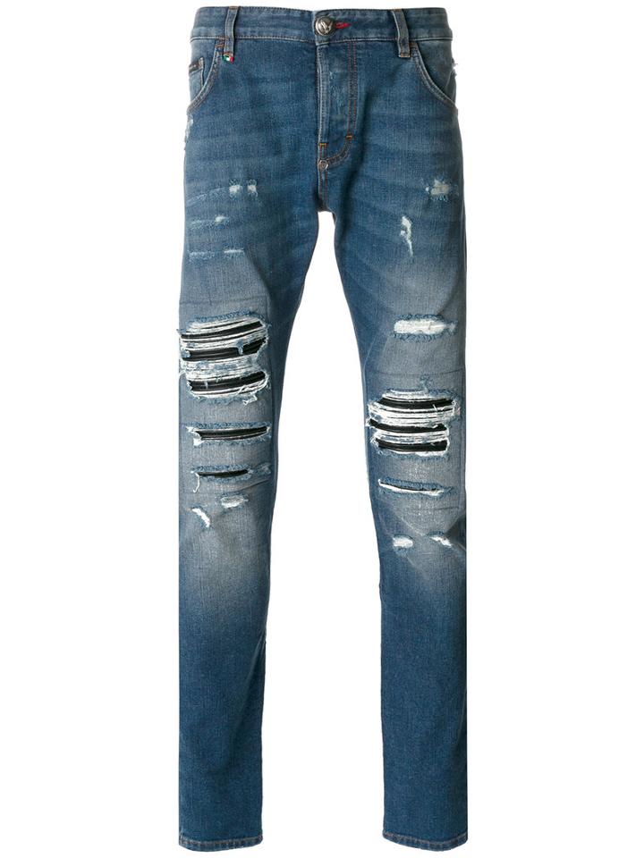 Philipp Plein - Distressed 'bear' Jeans - Men - Cotton/elastodiene/polyester/spandex/elastane - 31, Blue, Cotton/elastodiene/polyester/spandex/elastane