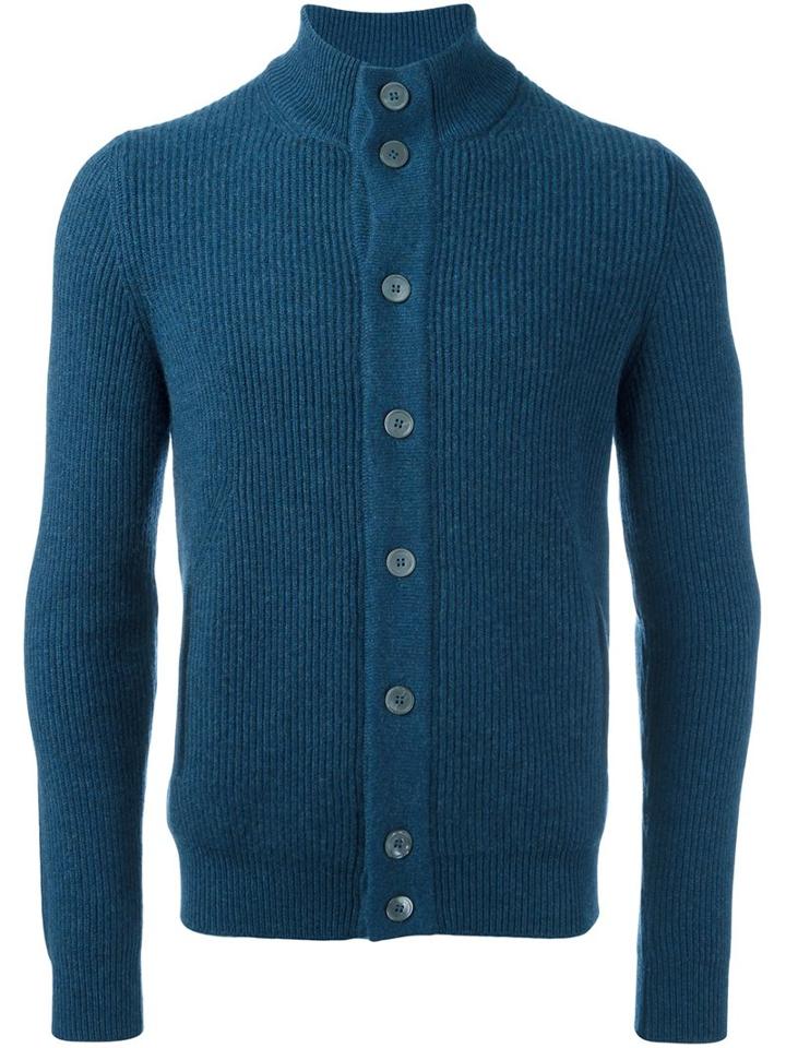 Barba Ribbed High Neck Cardigan, Men's, Size: 54, Blue, Cashmere