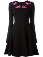 Mcq Alexander Mcqueen Embroidered Swallow Skater Dress, Women's, Size: Medium, Black, Viscose/polyamide/spandex/elastane
