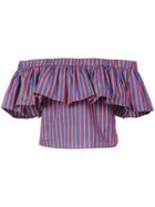 La Doublej Striped Off The Shoulder Ruffle Top - Blue