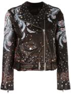 Htc Hollywood Trading Company Feather Print Biker Jacket, Women's, Size: Small, Black, Cotton/calf Leather/viscose