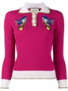 Gucci Bird Embroidered Knitted Polo Top - Pink & Purple