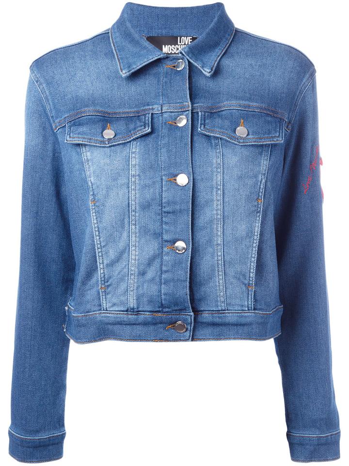 Love Moschino Heart Patch Denim Jacket, Women's, Size: 42, Blue, Cotton/polyester/spandex/elastane