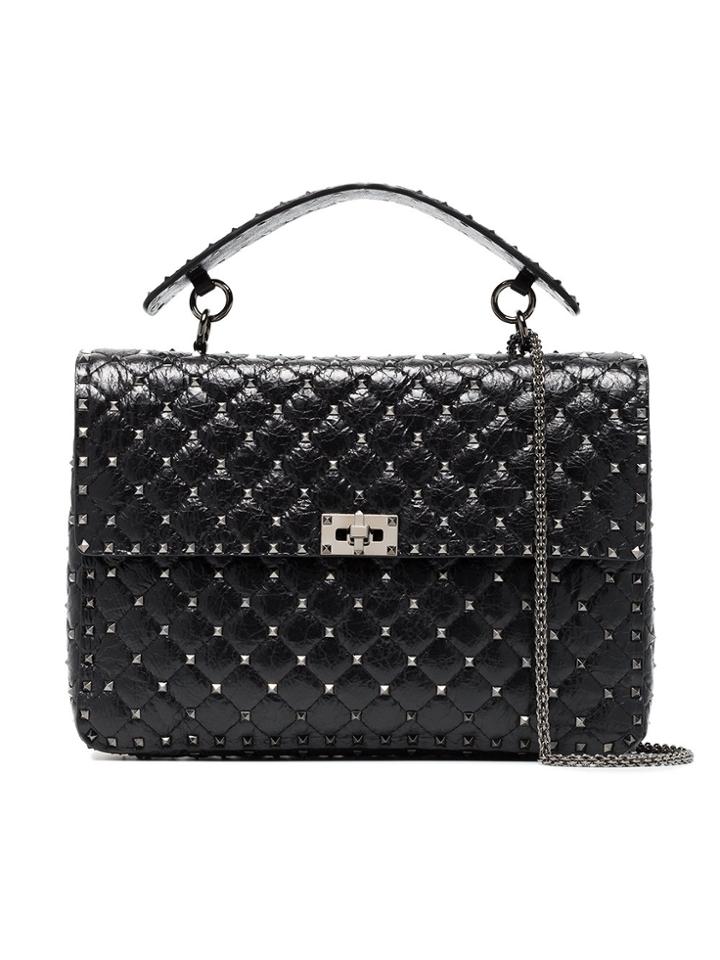 Valentino Black Rockstud Spike Maxi Cracked Leather Tote