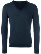 Zanone V-neck Jumper, Men's, Size: 48, Blue, Cotton/cashmere/virgin Wool