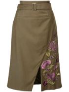 Josie Natori Embroidered Twill Slit Skirt - Green