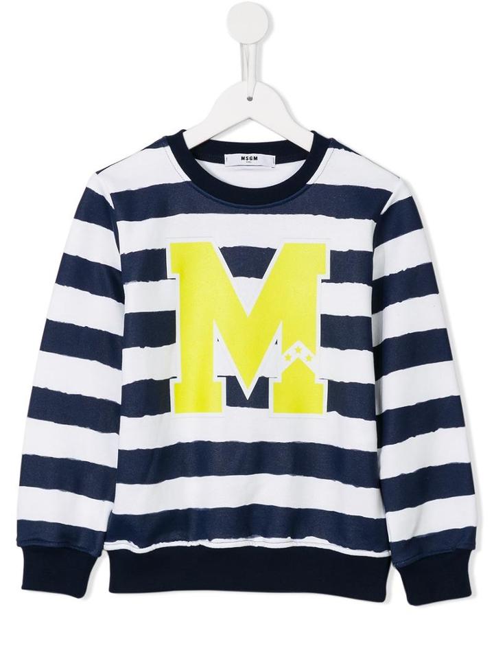Msgm Kids Logo Print Striped Sweatshirt, Boy's, Size: 12 Yrs, Blue