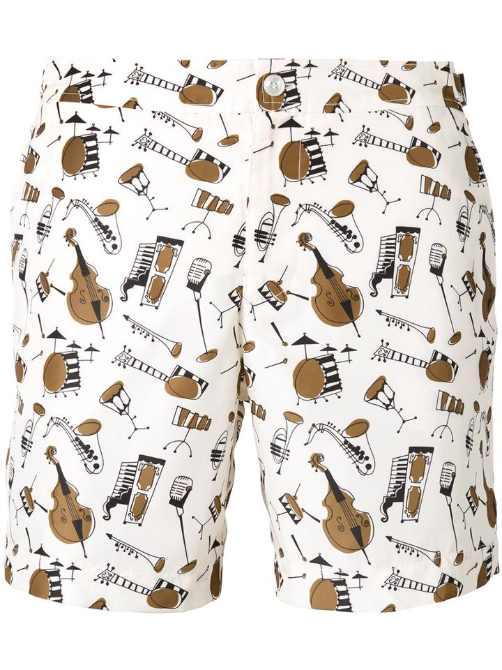 Dolce & Gabbana Jazz Club Print Swimming Trunks, Men's, Size: Iv, White, Polyester