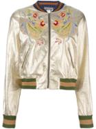 Aviù Embroidered Floral Bomber Jacket, Women's, Size: Medium, Grey, Leather/acrylic/polyamide/wool