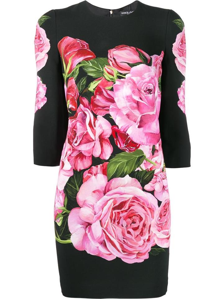 Dolce & Gabbana Rose Print Crepe Dress, Women's, Size: 40, Black, Silk/spandex/elastane/viscose