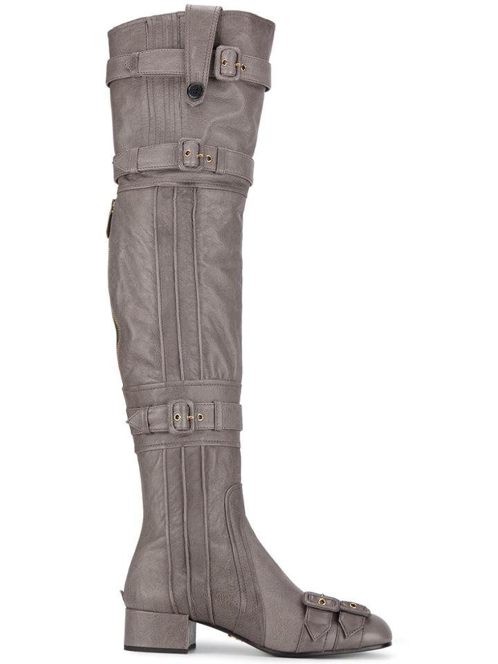 Prada Grey Leather Buckle Thigh High Boots