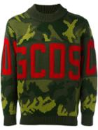 Gcds Logo Camouflage Print Sweater, Men's, Size: Medium, Green, Merino/acrylic