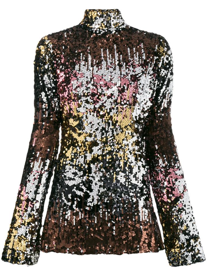 Halpern Polo Neck Sequin Mini Dress With Flared Sleeves - Metallic